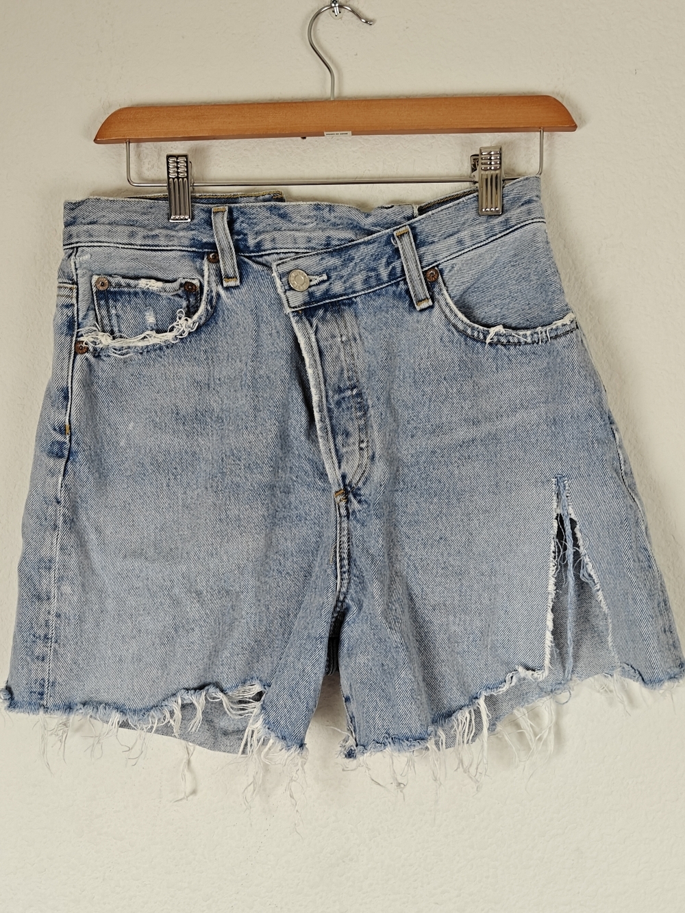 AGOLDE Criss Cross Asymmetrical Denim Shorts High Rise Raw Hem Cutoff Sz 26